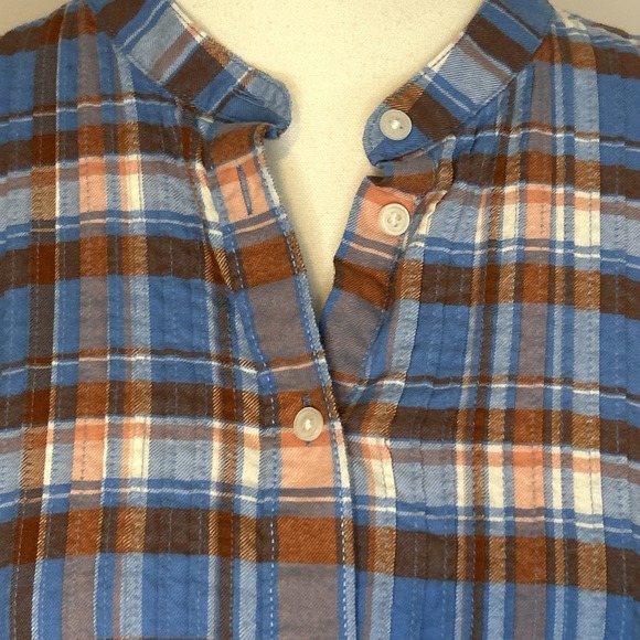 Land's End Women's Flannel Tunic Top‎ 14 Blue Plaid Pintuck Loose Flowy Roll Tab - Picture 2 of 11